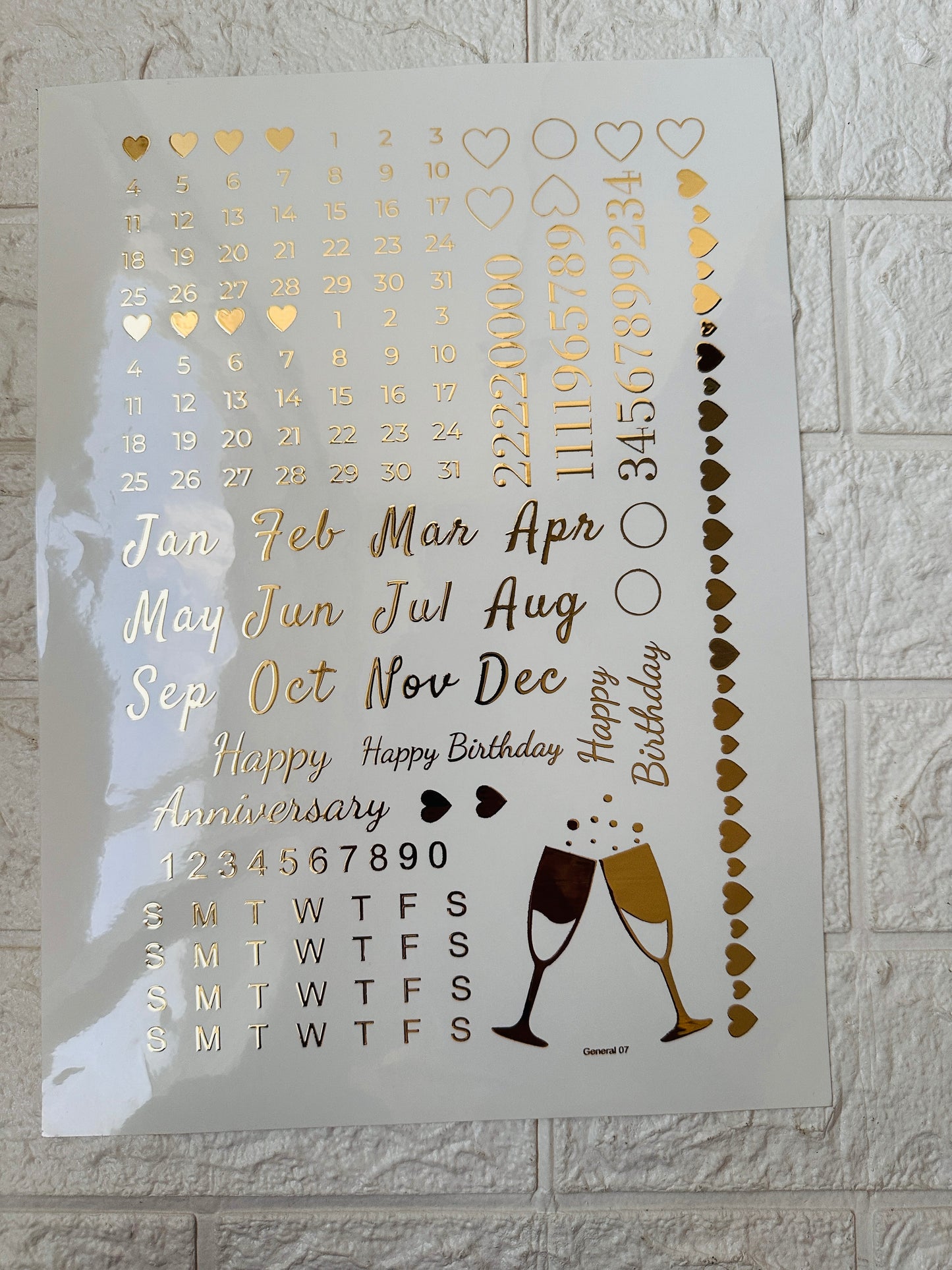 Calendar month embossed sticker sheet