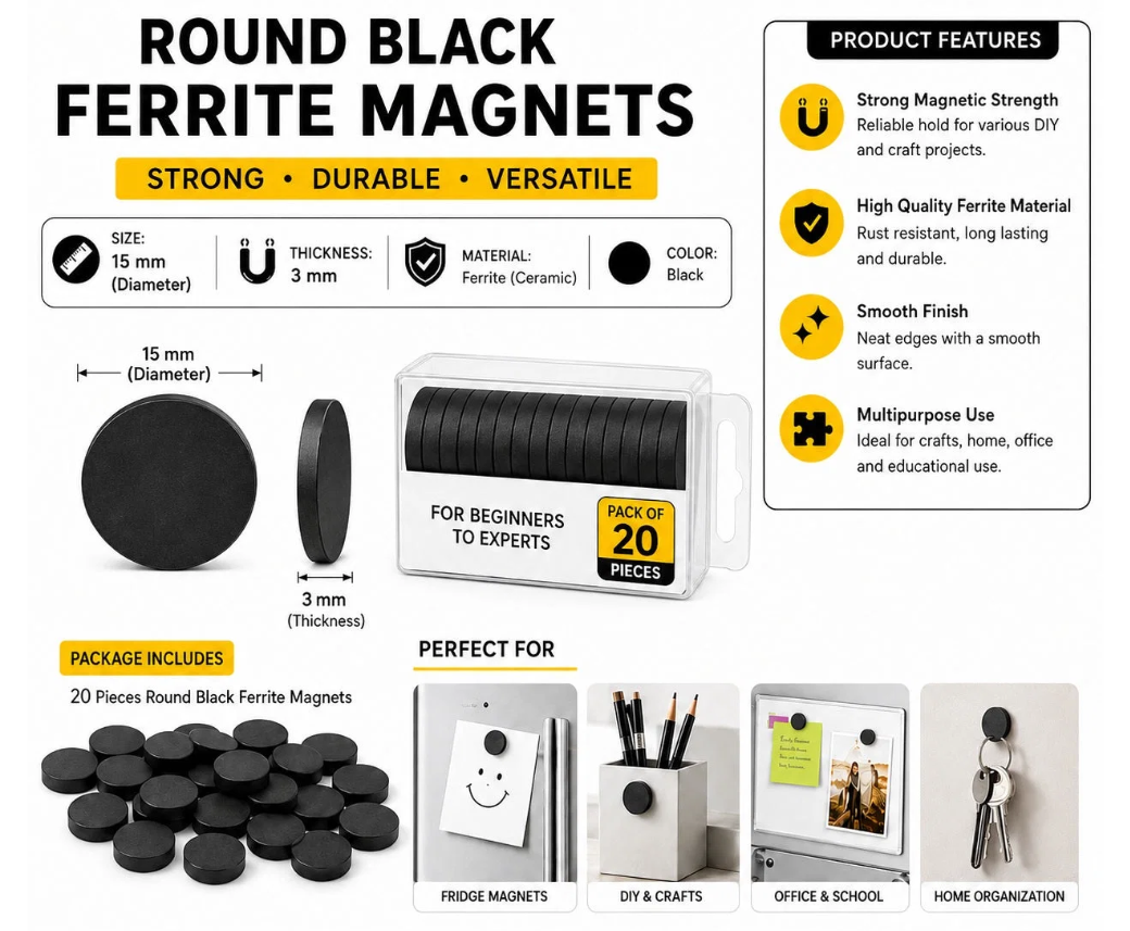15 × 3 mm Round Black Ferrite Magnets – Pack of 20