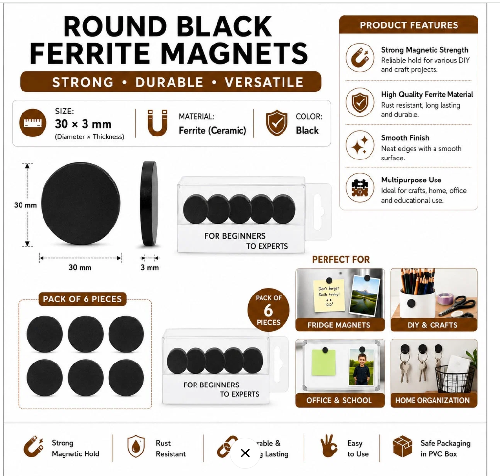 30 * 3 mm Round Black Ferrite Magnets – Pack of 6