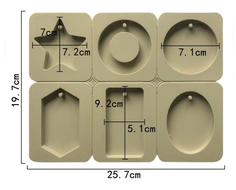 6-Cavity Mixed Shape Star Circle Hexagon & Rectangle Hanging Tag Mould