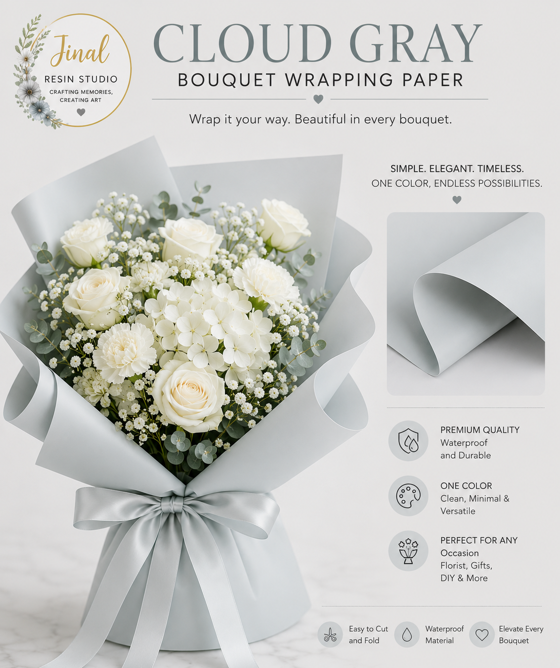 Shiny Border Wrapping Bouquet Paper Cloud Gray color