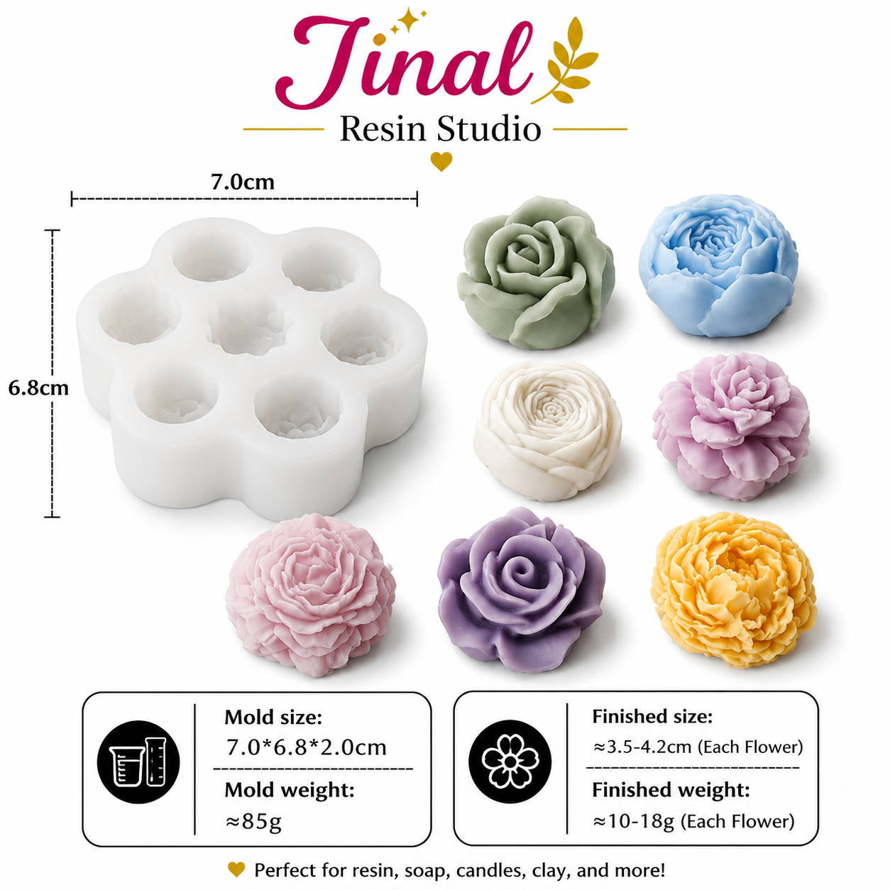 7 Cavity Rose Peony Flower Silicone Candle Mould