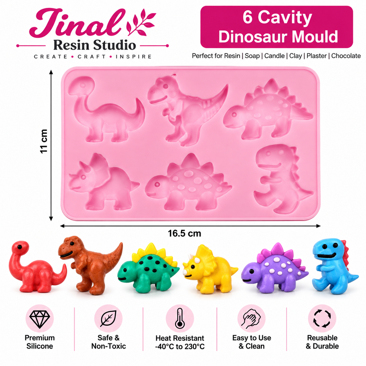 6 Cavity Dinosaur Silicone Mould | Resin, Candle, Soap & DIY Craft Mould
