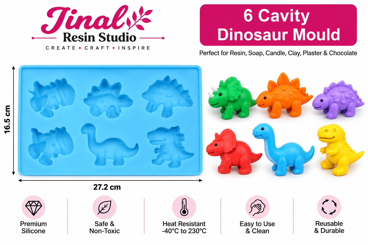 6 Cavity Assorted Dinosaur Designs | Resin, Candle, Soap & DIY Craft Mould