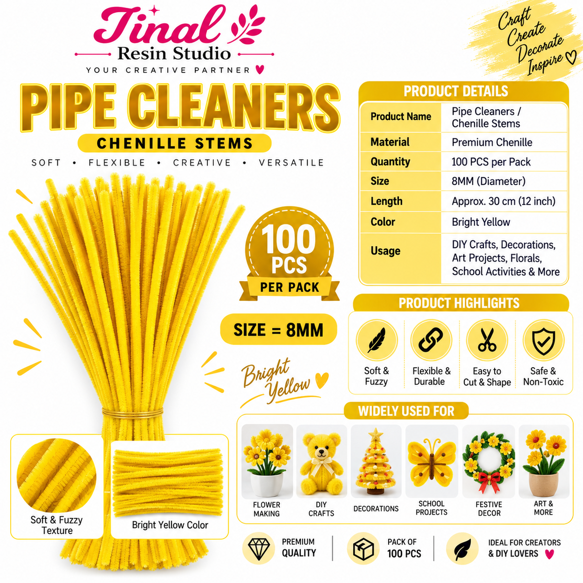 Bright Yellow Pipe Cleaners 8MM