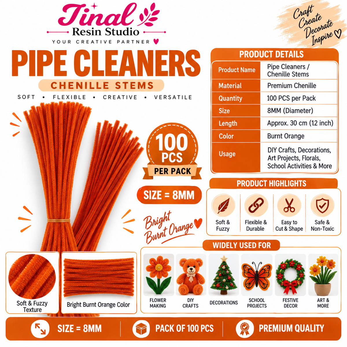 Burnt Orange Premium Pipe Cleaners (8MM Approx.)