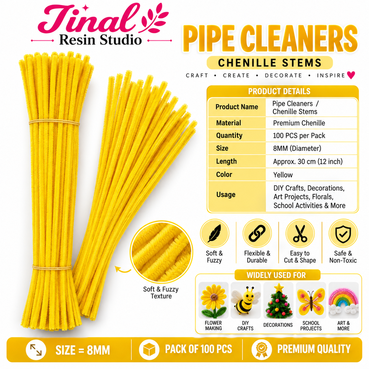 Yellow Pipe Cleaners 8MM