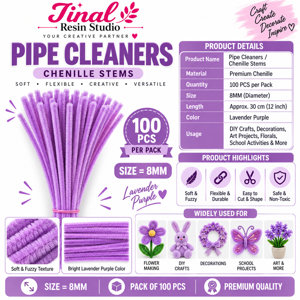 Lavender Purple Premium Pipe Cleaners (8MM Approx.)