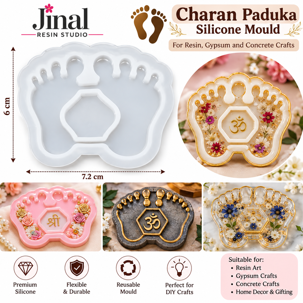 Charan Paduka Silicone Mould for Resin, Gypsum & Concrete – 6 × 7.2 cm