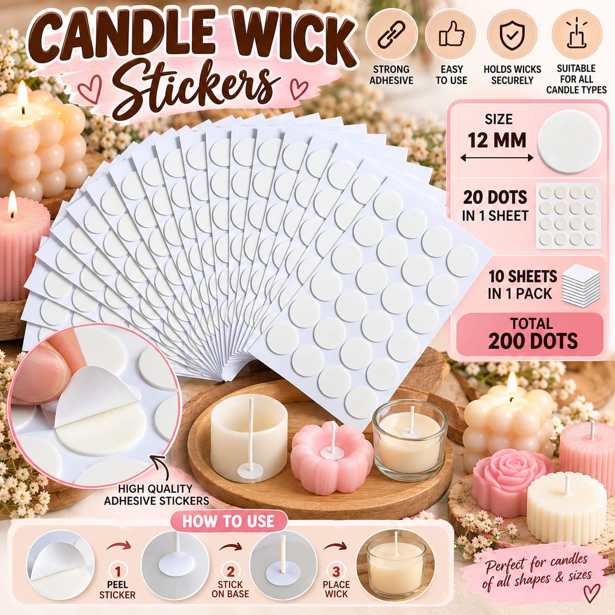 12 mm candle wick sticker 200 dots