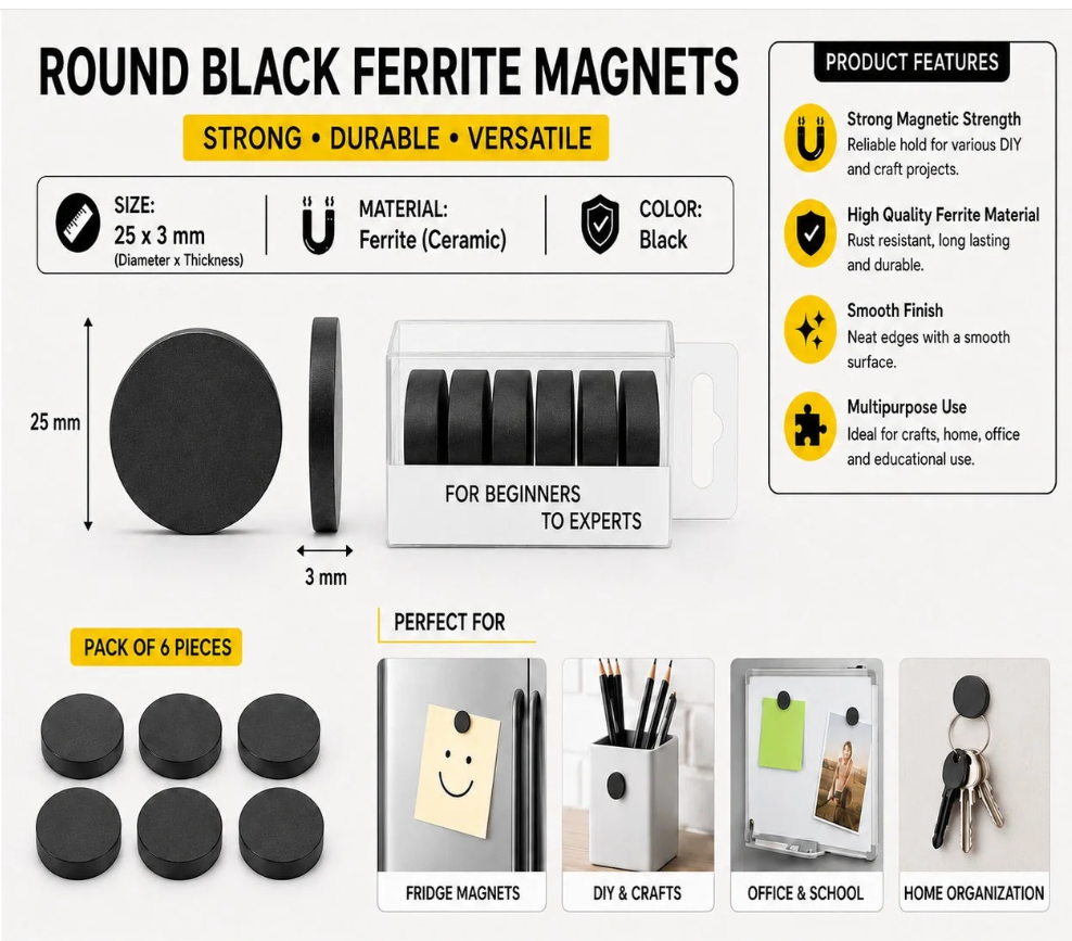 25 × 3 mm Round Black Ferrite Magnets – Pack of 9