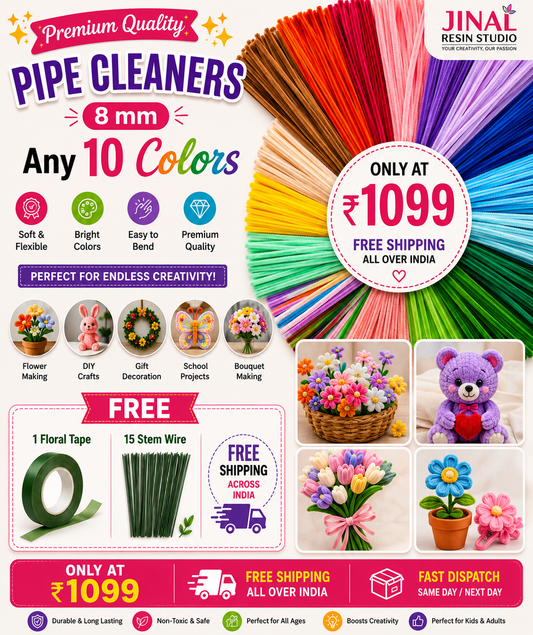 Premium 8mm Pipe Cleaner Combo (10 Assorted Colors) + FREE Floral Tape & 15 Stem Wires