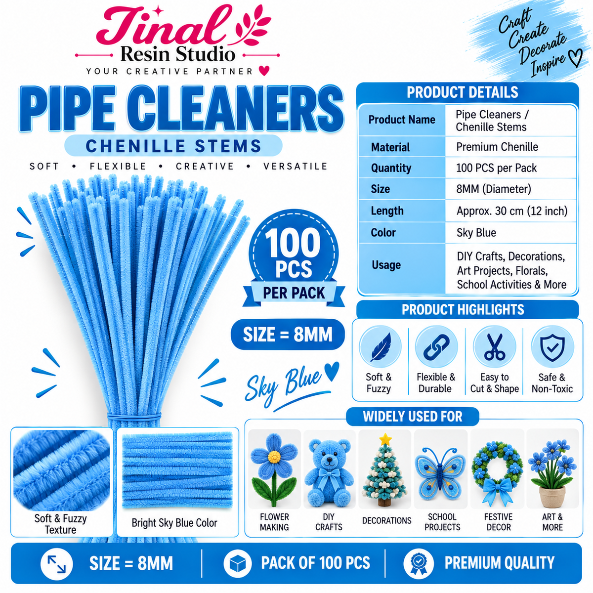 Sky Blue Premium Pipe Cleaners (8MM Approx.)