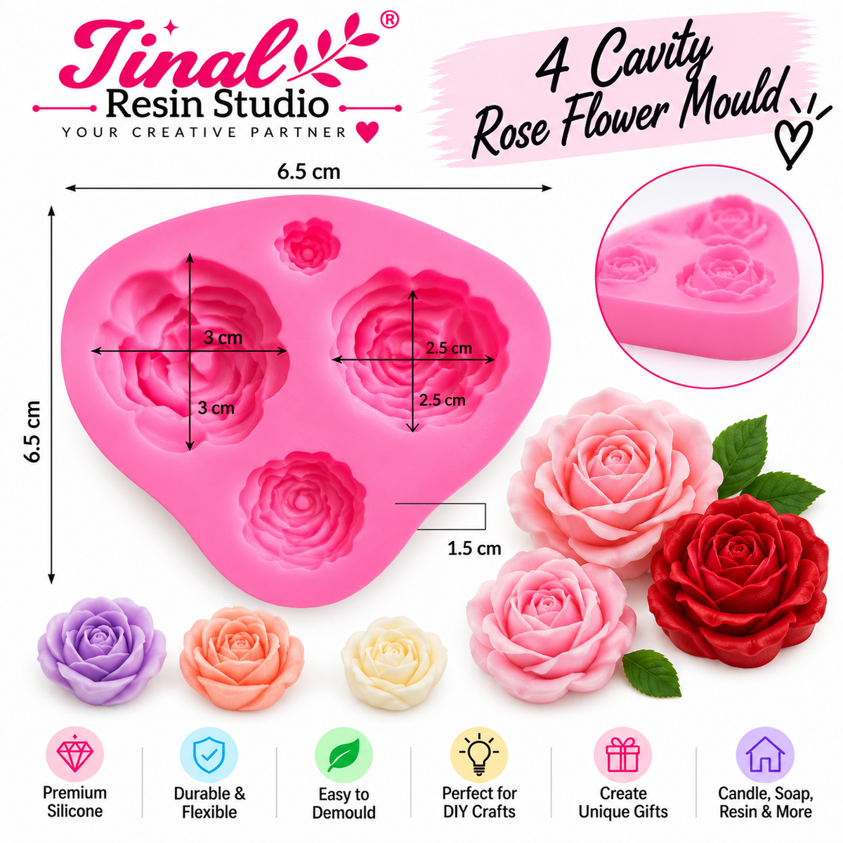 4 Cavity Rose Flower Silicone Mould