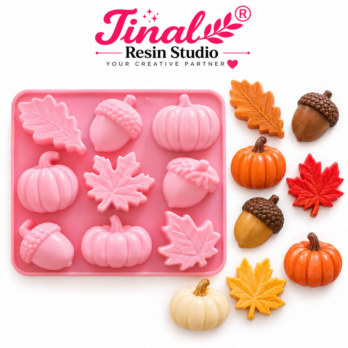 9 Cavity Autumn Theme Silicone Mould – Pumpkin, Acorn & Leaf Shapes