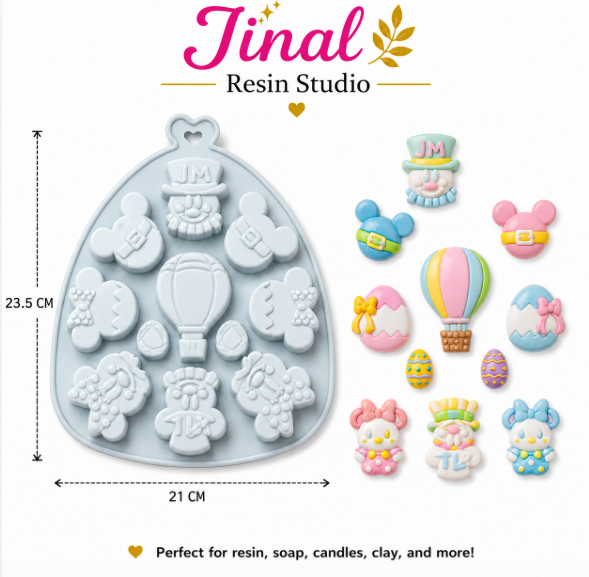Mickey Mouse-shaped chocolates, cakes, soaps, resin art, and concrete art