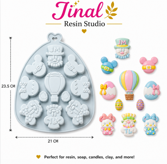 Mickey Mouse-shaped chocolates, cakes, soaps, resin art, and concrete art