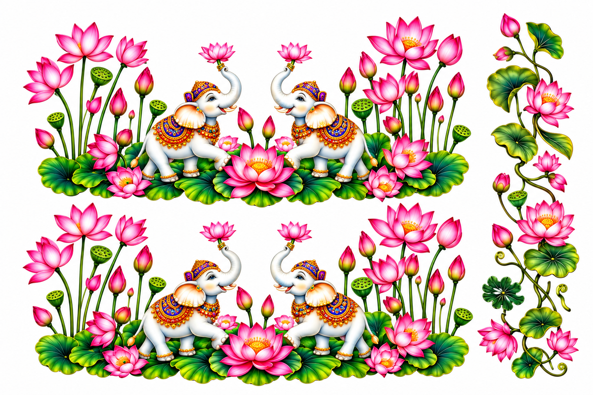 Twin Elephant Lotus Blooms with Floral Vine Pee off sticker