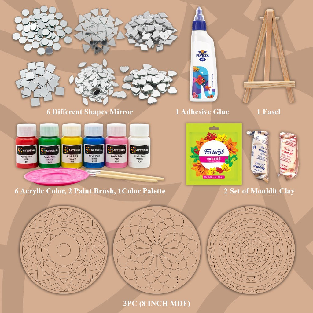 Lippan Art DIY Kit – Complete Mirror Work Craft Set 8" inch mdf