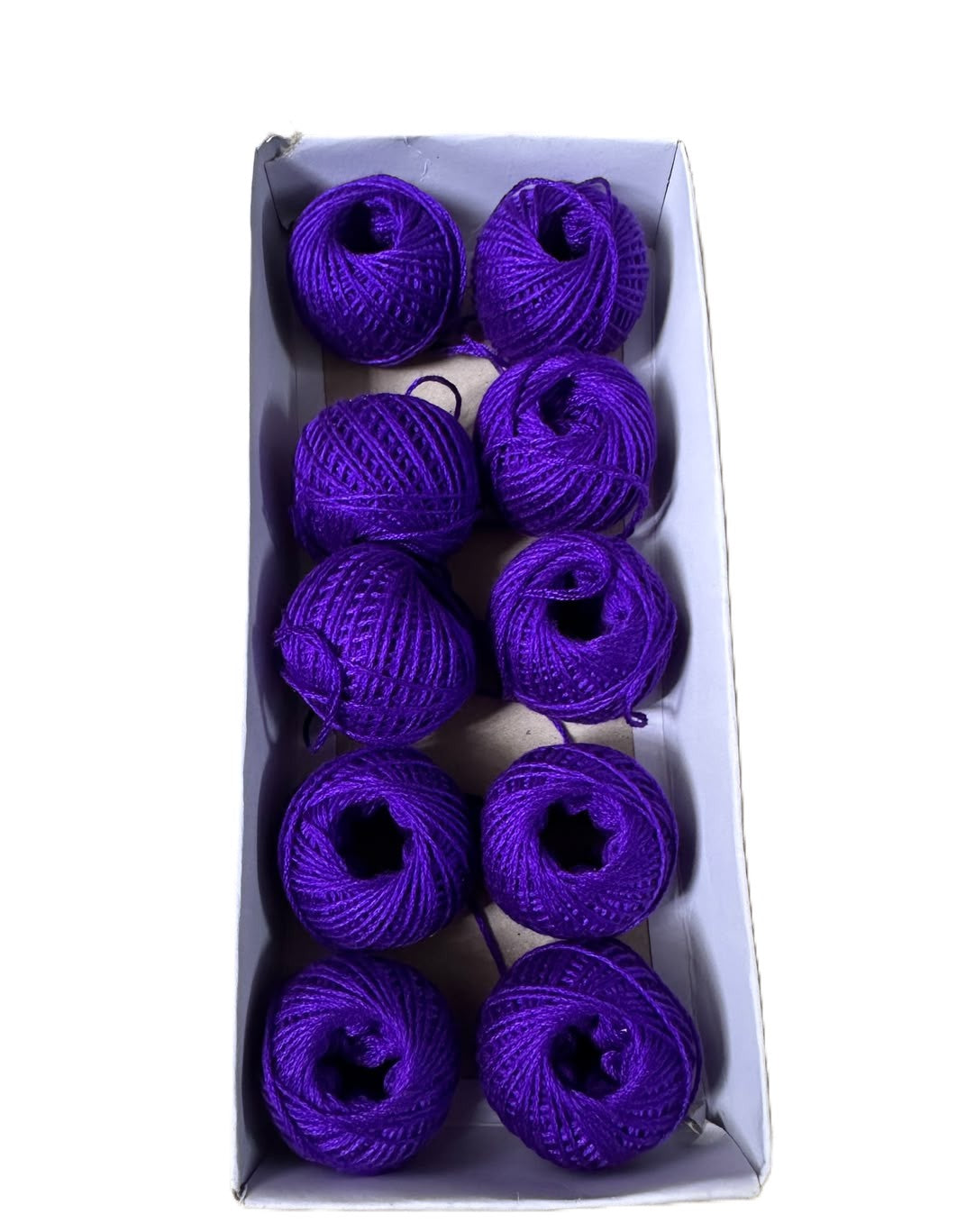 Box of purple yarn balls on a white background