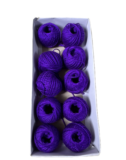 Box of purple yarn balls on a white background