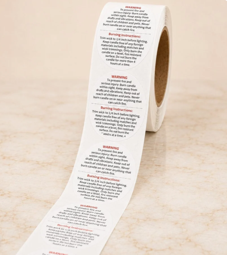 Round Candle Warning & Burning Instructions Sticker Roll – White